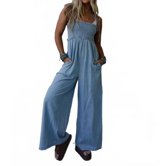 NEW THREE BIRD NEST light washed smocked cotton jumpsuit in blue - Picture 4 of 5